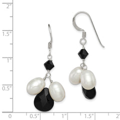 Sterling Silver Polished FWC Pearl / Black Crystal / Onyx Dangle Earrings