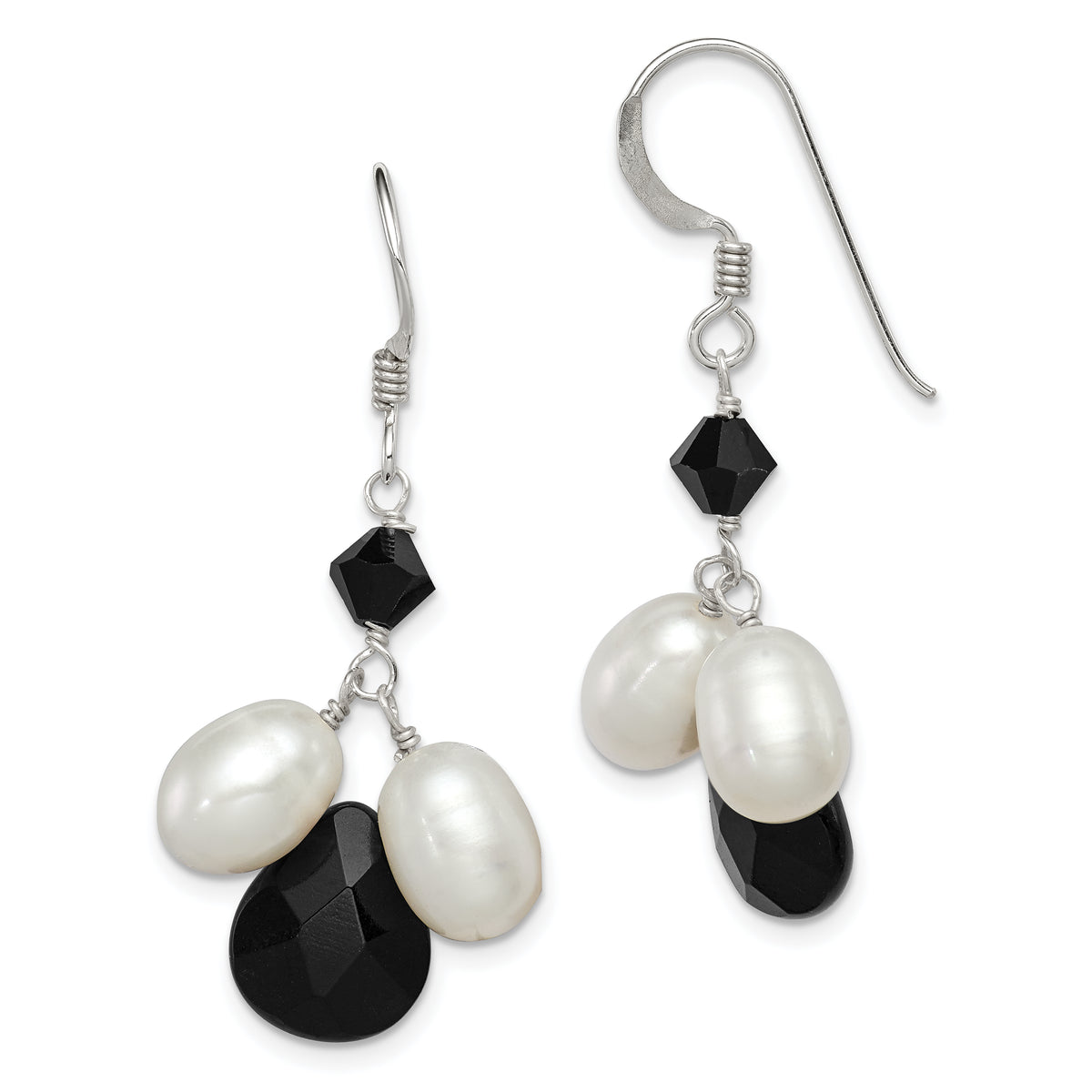 Sterling Silver Polished FWC Pearl / Black Crystal / Onyx Dangle Earrings