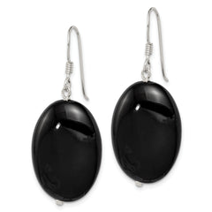 Sterling Silver Polished Black Agate Oval Dangle Earrings