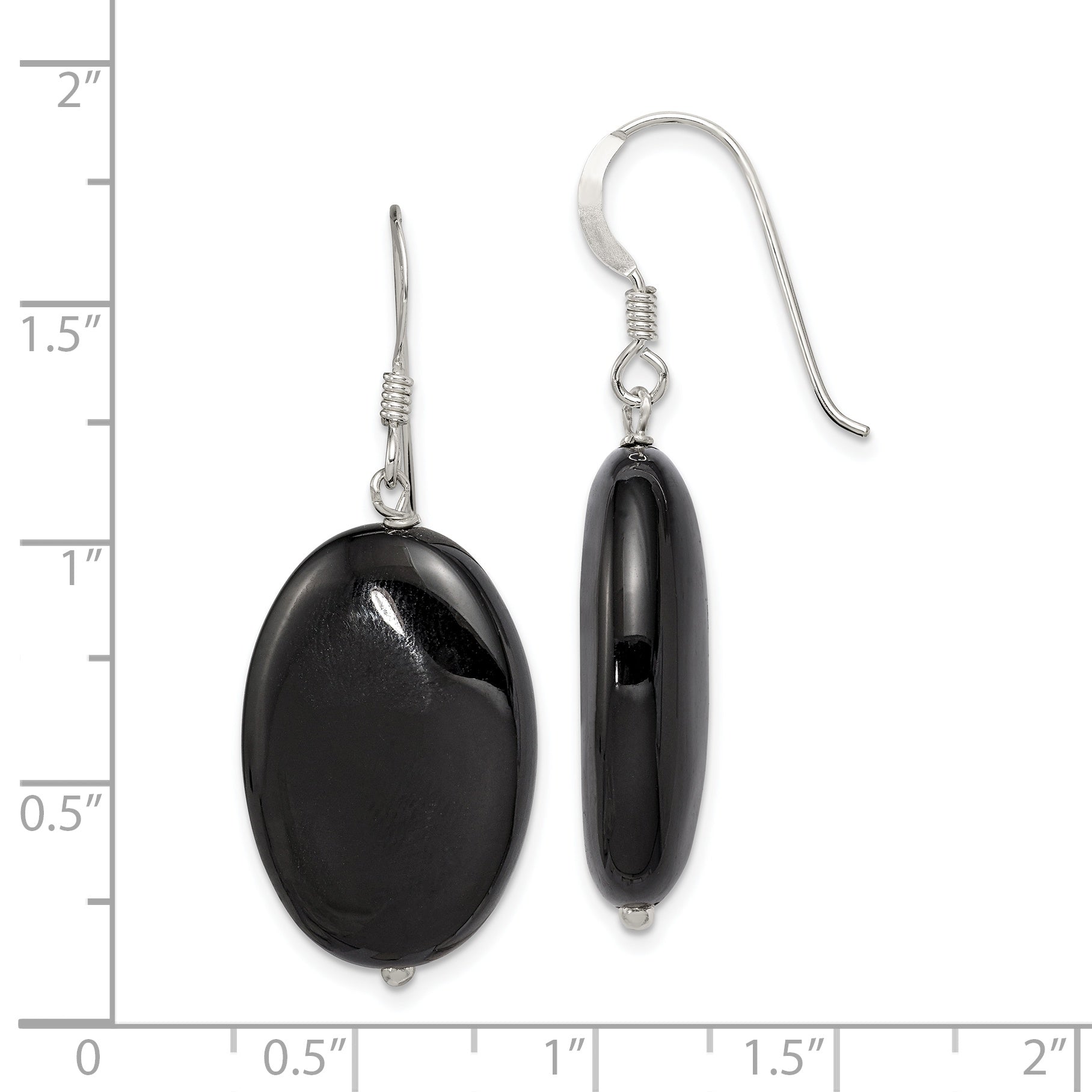 Sterling Silver Polished Black Agate Oval Dangle Earrings