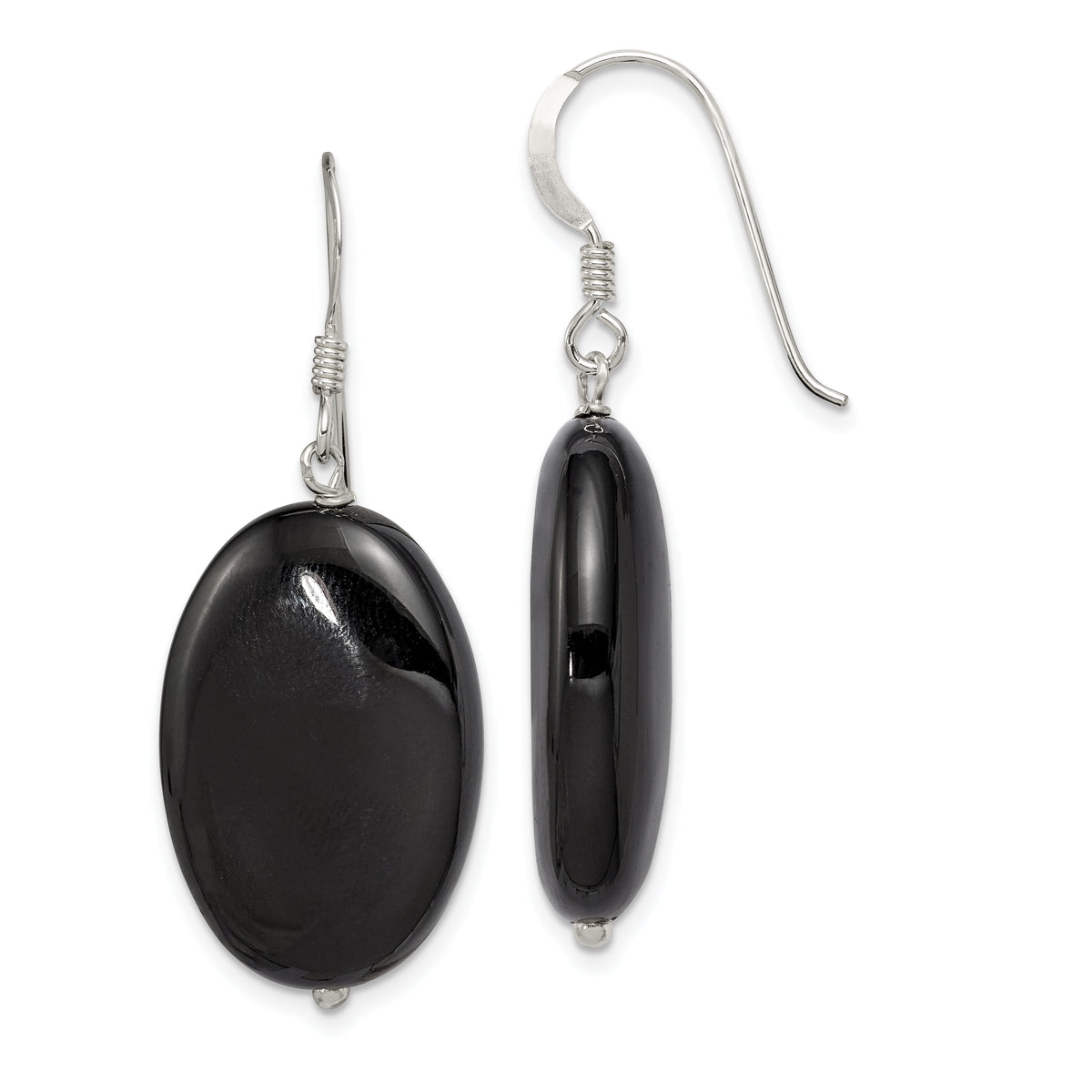 Sterling Silver Polished Black Agate Oval Dangle Earrings