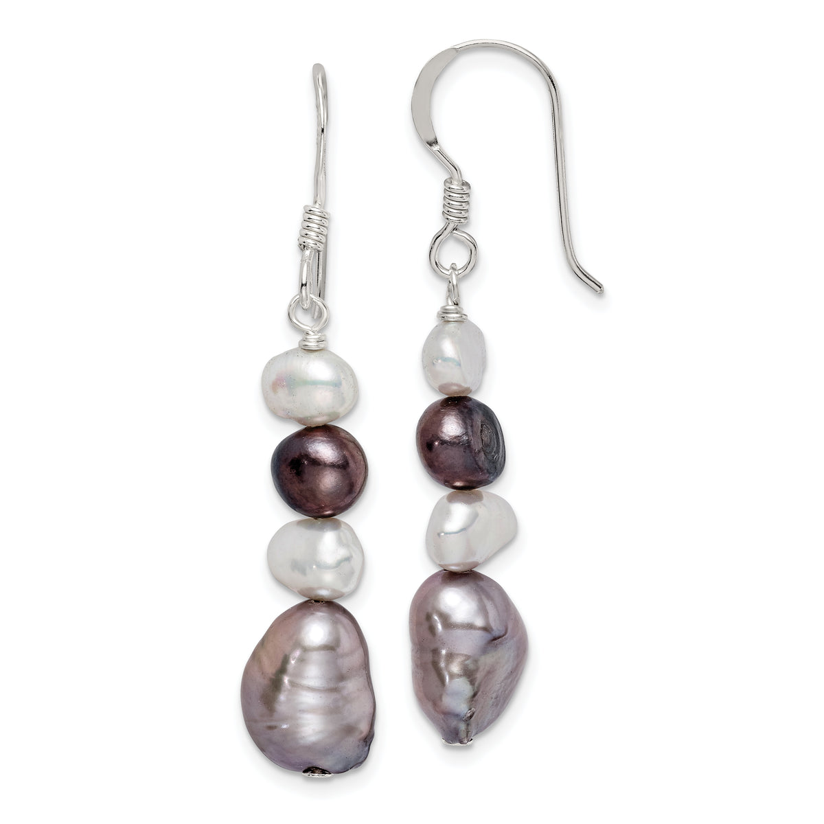 Sterling Silver Polished Black, White and Grey 6-9mm Freshwater Cultured Pearl Dangle Earrings