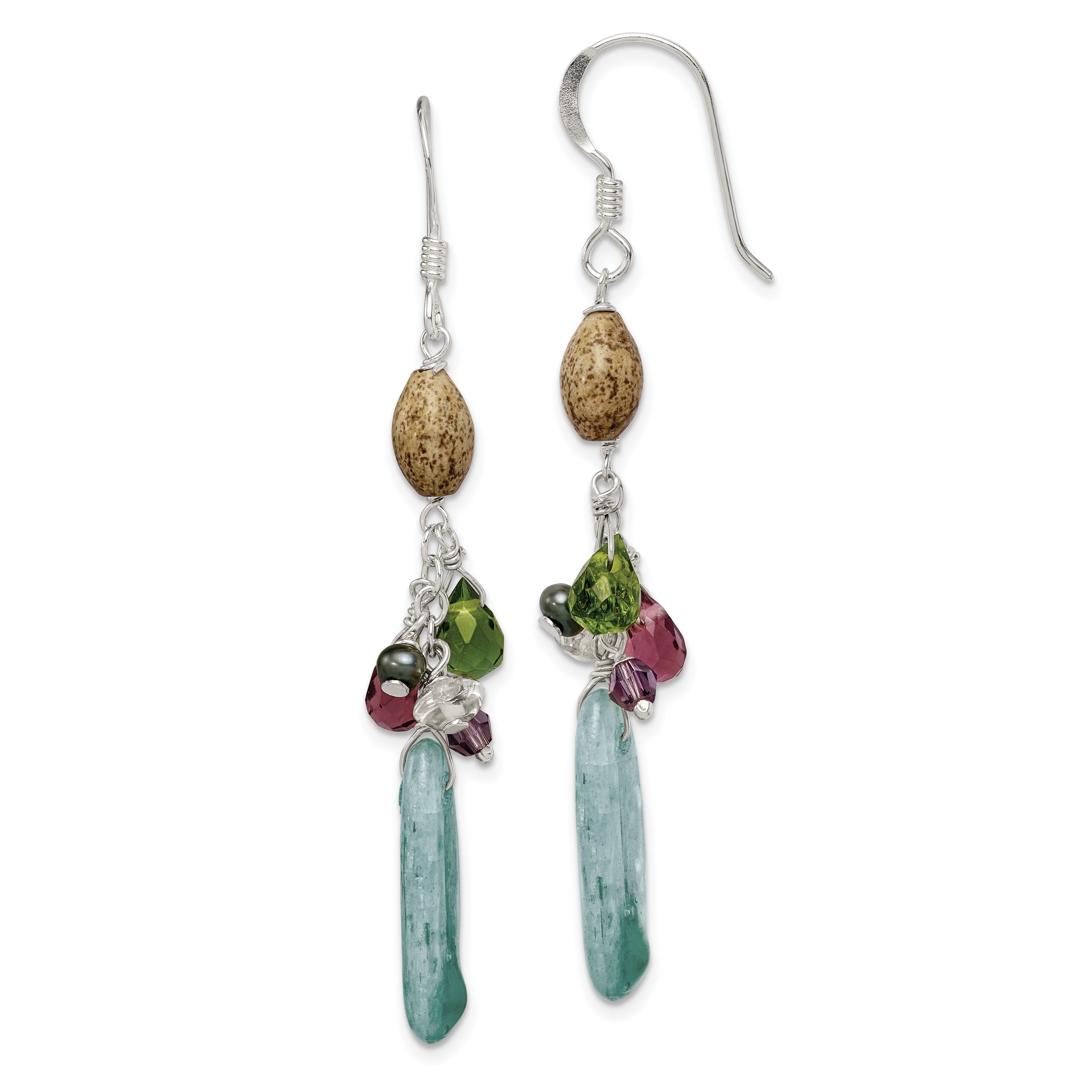 Sterling Silver Polished Citrine, Amethyst, Peridot, Blue Kyanite & Jasper Dangle Earrings