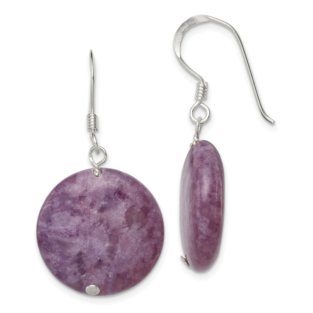 Sterling Silver Polished Purple Lepidolite Circle Dangle Earrings