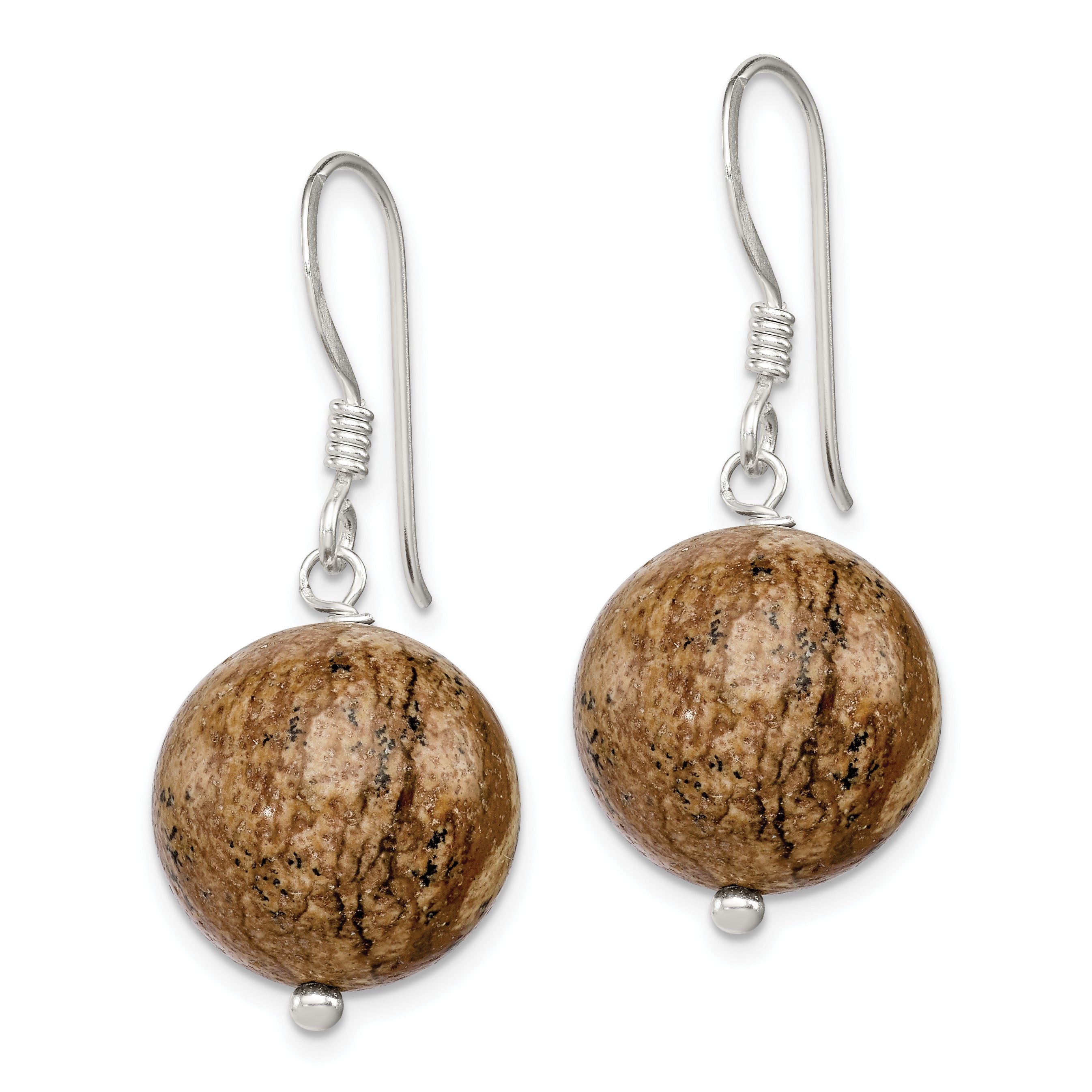 Sterling Silver Polished 14mm Round Picture Jasper Dangle Earrings