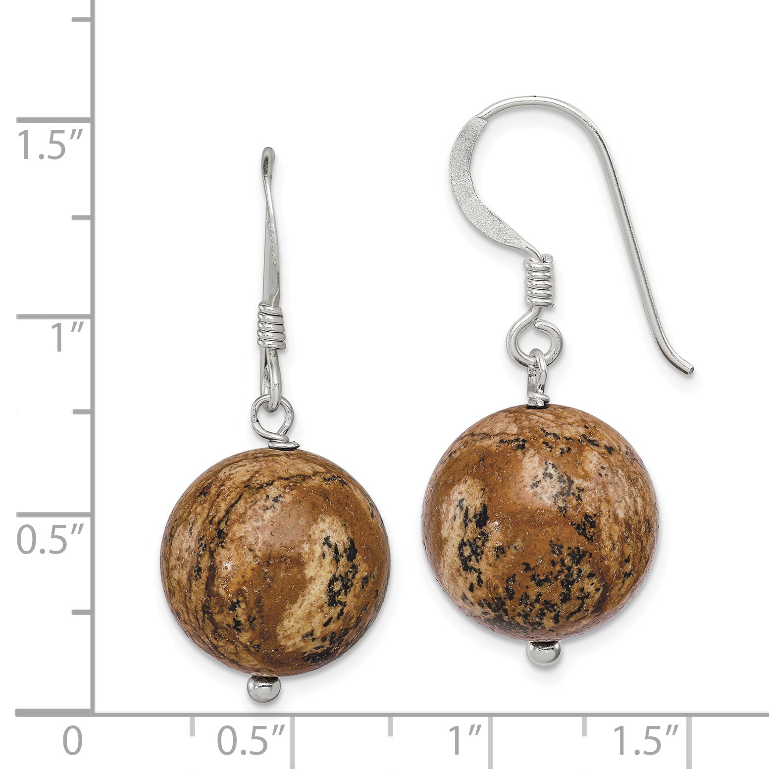 Sterling Silver Polished 14mm Round Picture Jasper Dangle Earrings