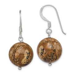 Sterling Silver Polished 14mm Round Picture Jasper Dangle Earrings