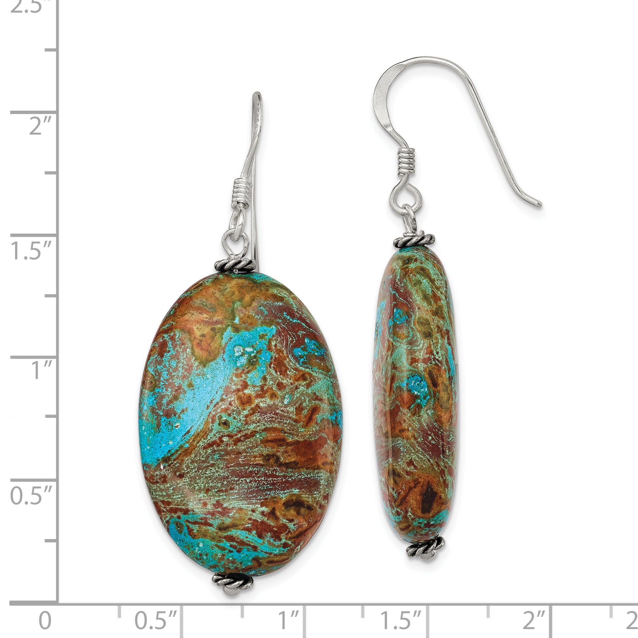 Sterling Silver Polished & Antiqued Twisted Bead & Blue Jasper Oval Dangle Earrings