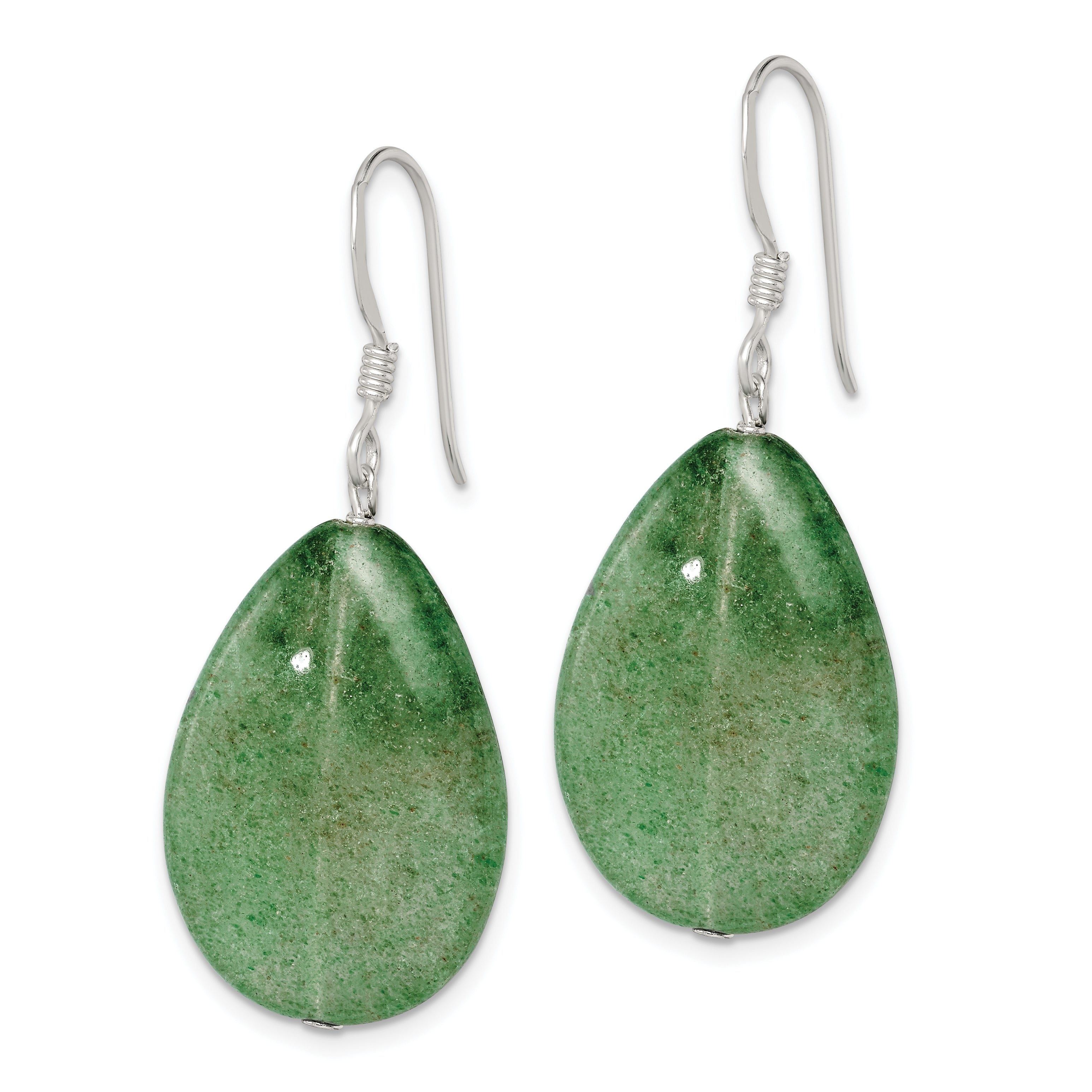 Sterling Silver Polished Cracked Green Aventurine Teardrop Dangle Earrings