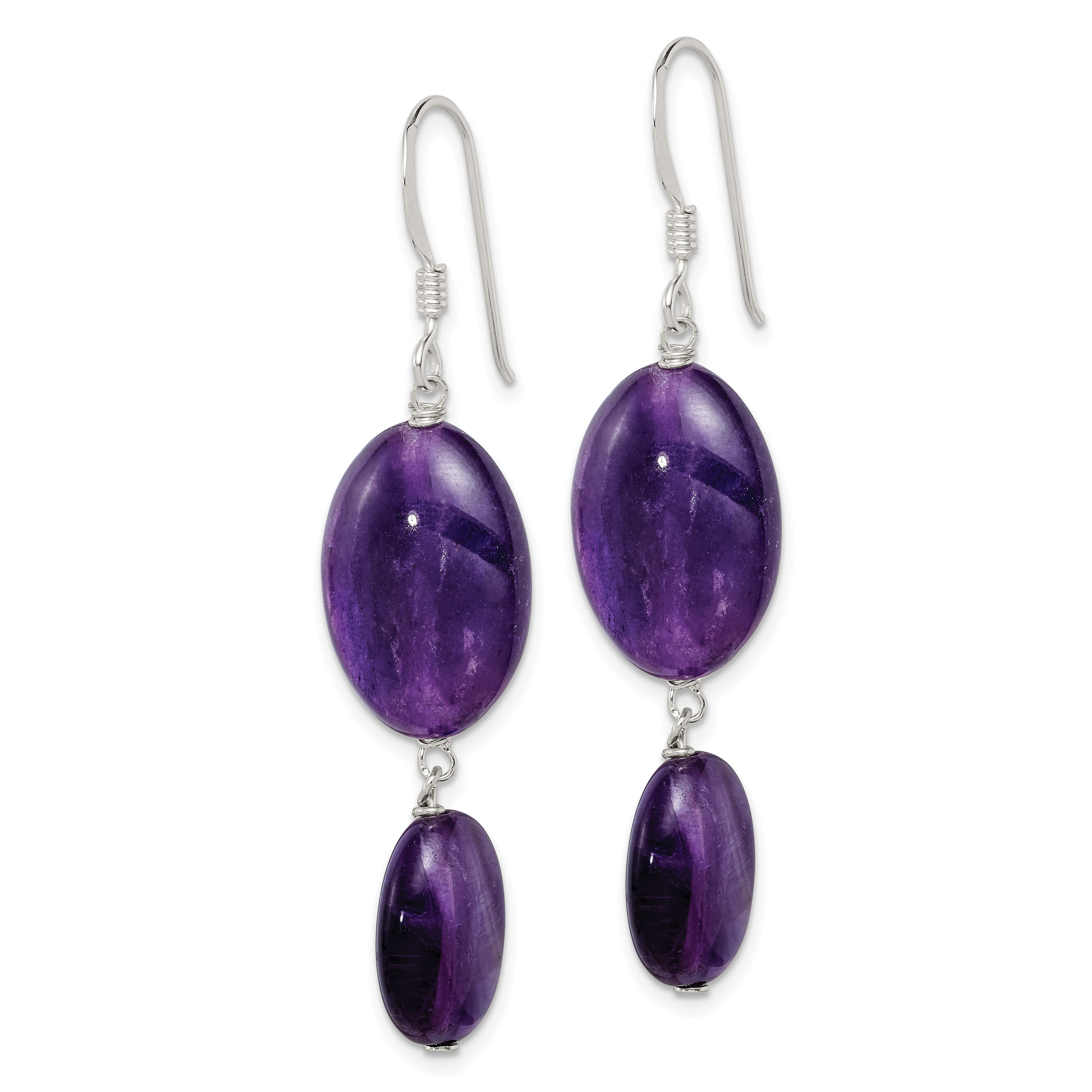 Sterling Silver Polished Amethyst & Dark Purple Jade Oval Dangle Earrings