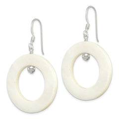 Sterling Silver Polished White Mother of Pearl Circle Dangle Earrings