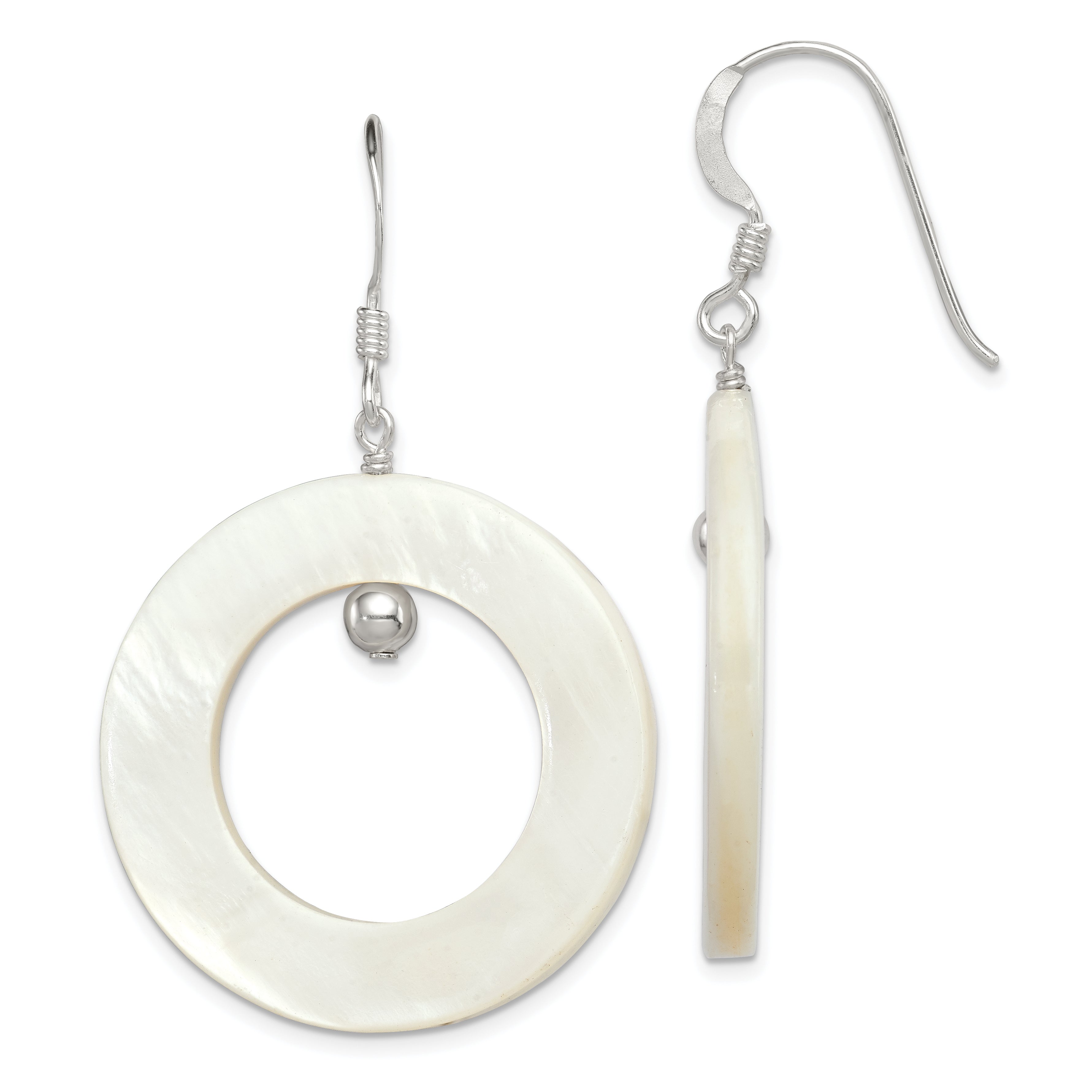 Sterling Silver Polished White Mother of Pearl Circle Dangle Earrings