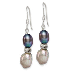 Sterling Silver Polished Antiqued & Beaded Grey & Black 7-8mm Freshwater Cultured Pearl Dangle Earrings