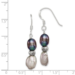 Sterling Silver Polished Antiqued & Beaded Grey & Black 7-8mm Freshwater Cultured Pearl Dangle Earrings