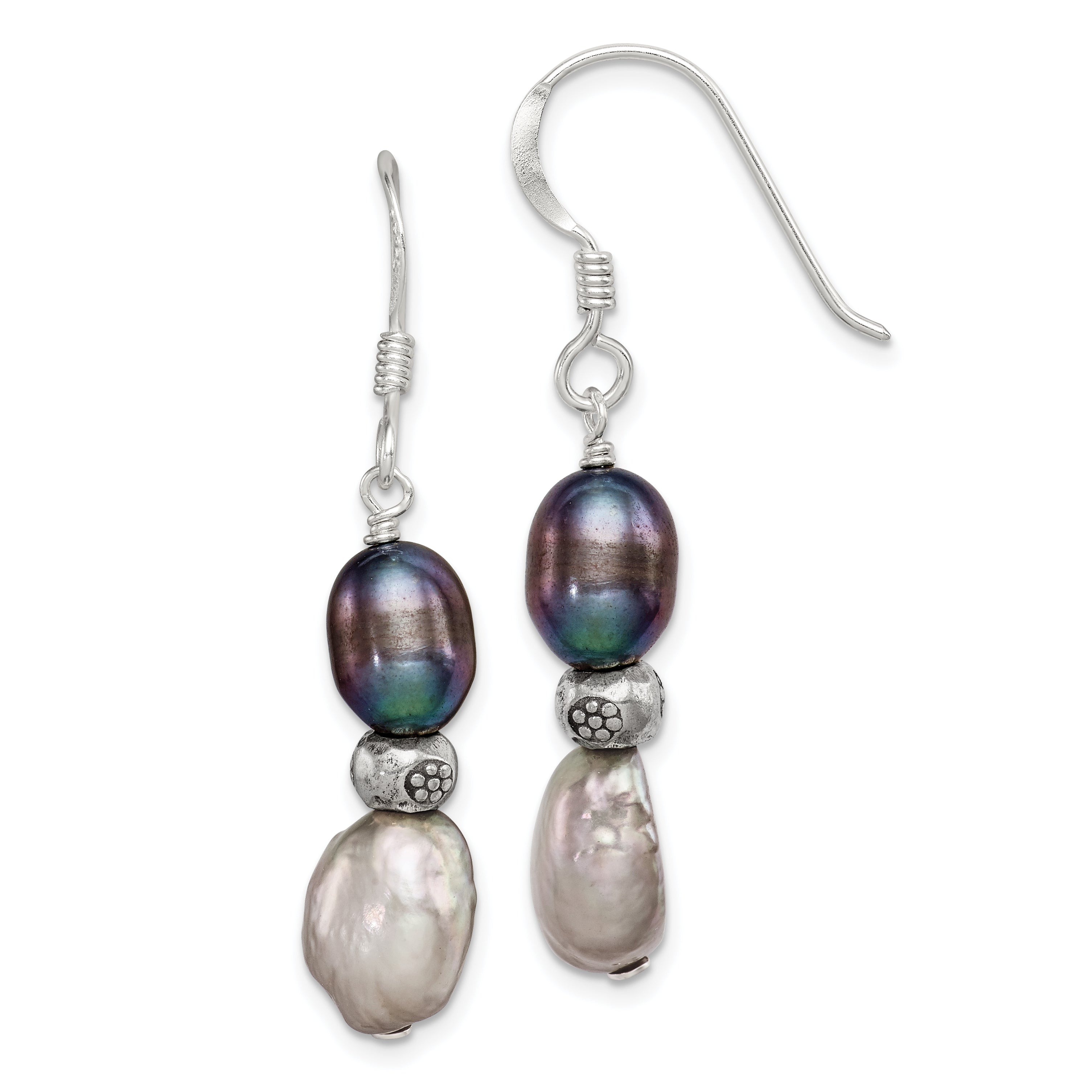 Sterling Silver Polished Antiqued & Beaded Grey & Black 7-8mm Freshwater Cultured Pearl Dangle Earrings