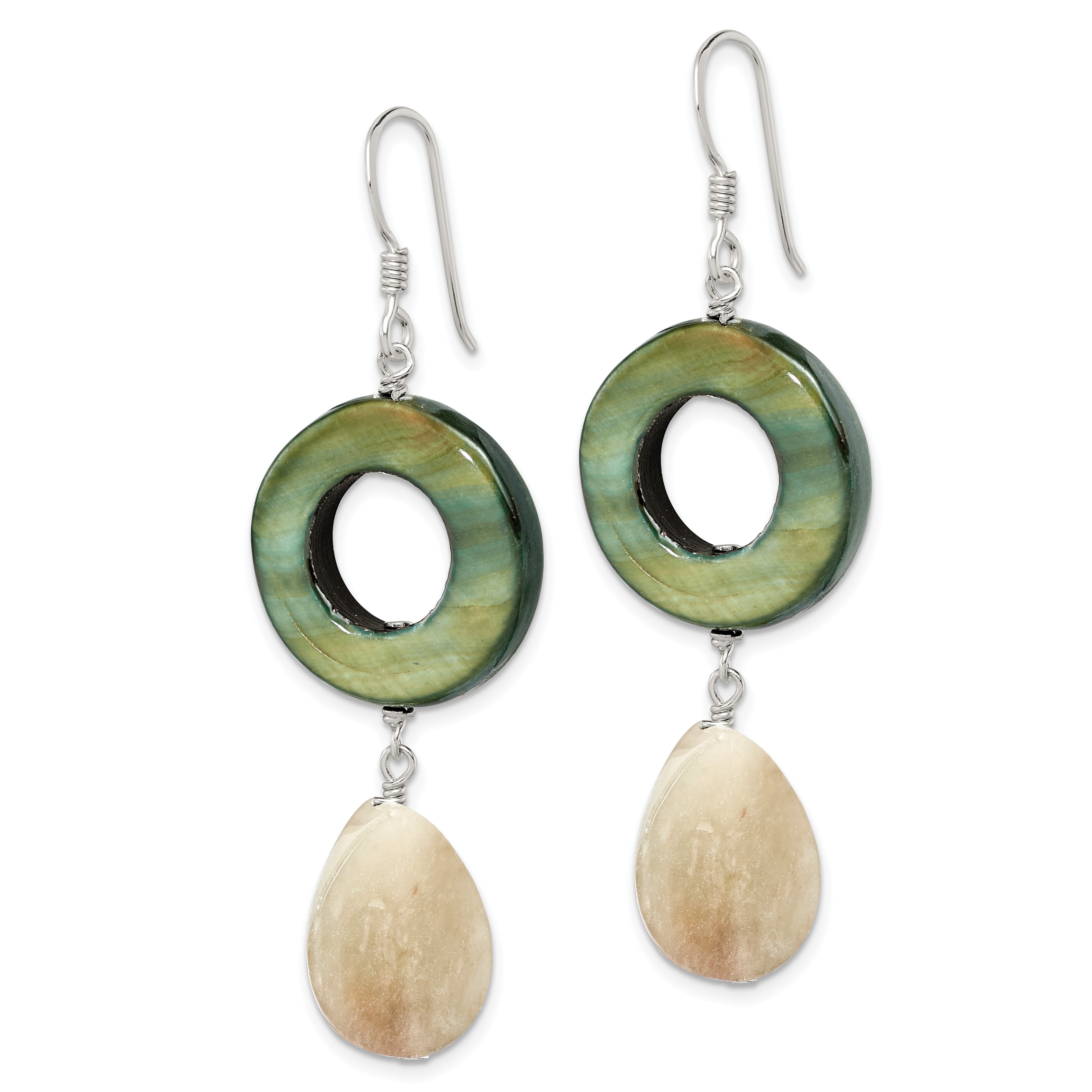 Sterling Silver Polished Jade & Green Mother of Pearl Dangle Earrings