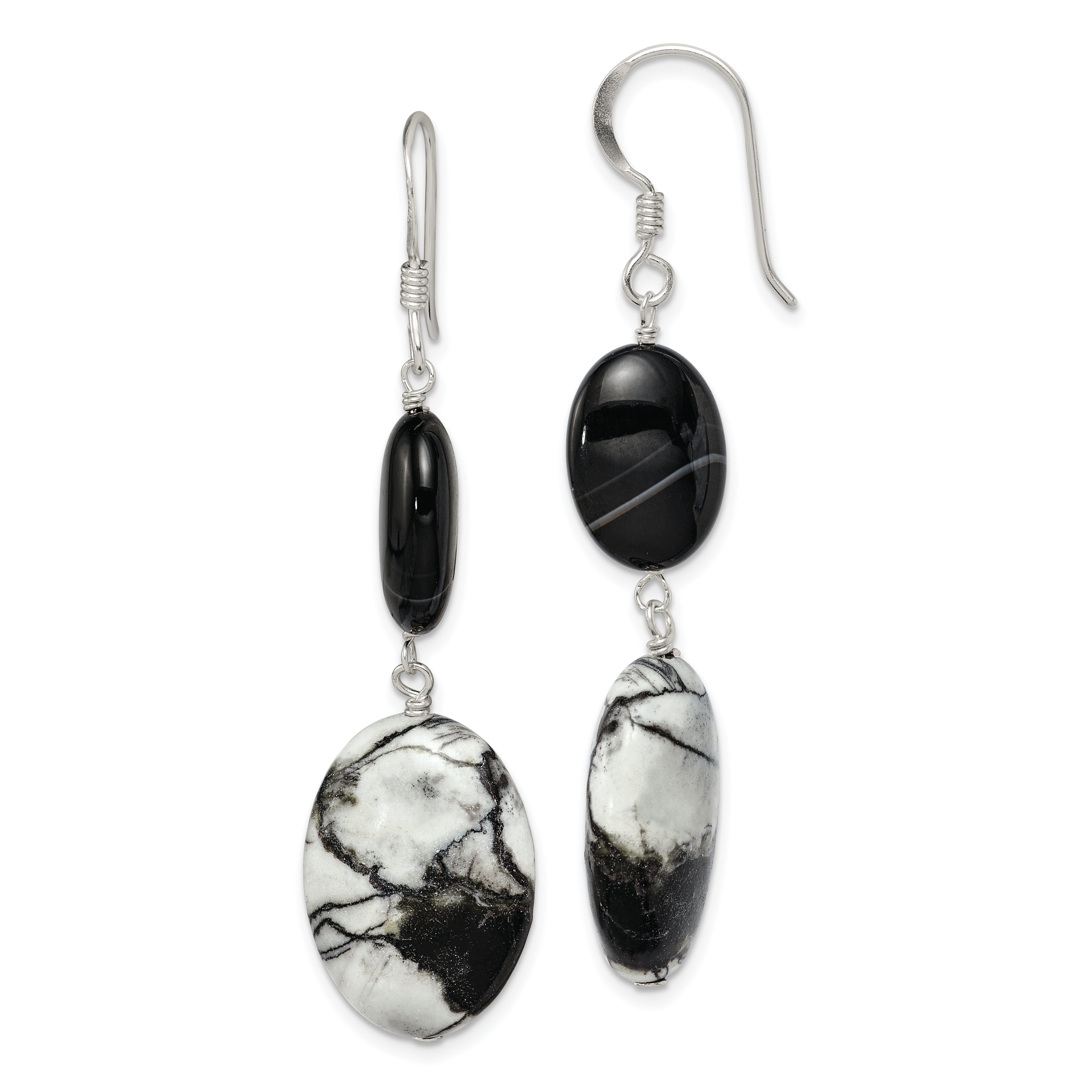 Sterling Silver Polished Black Sardonyx & Zebra Jasper Dangle Earrings