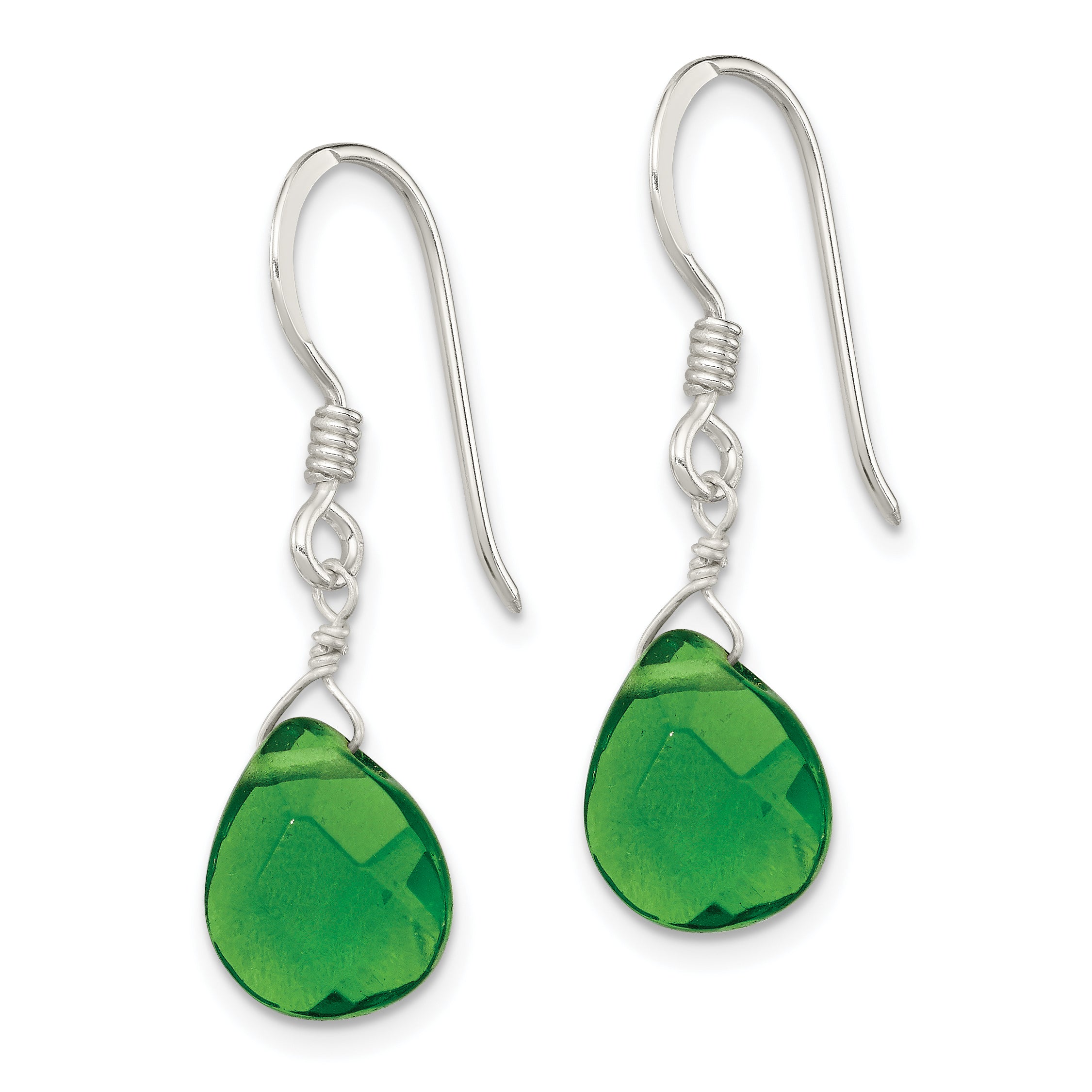 Sterling Silver Polished Dark Green Crystal Teardrop Dangle Earrings