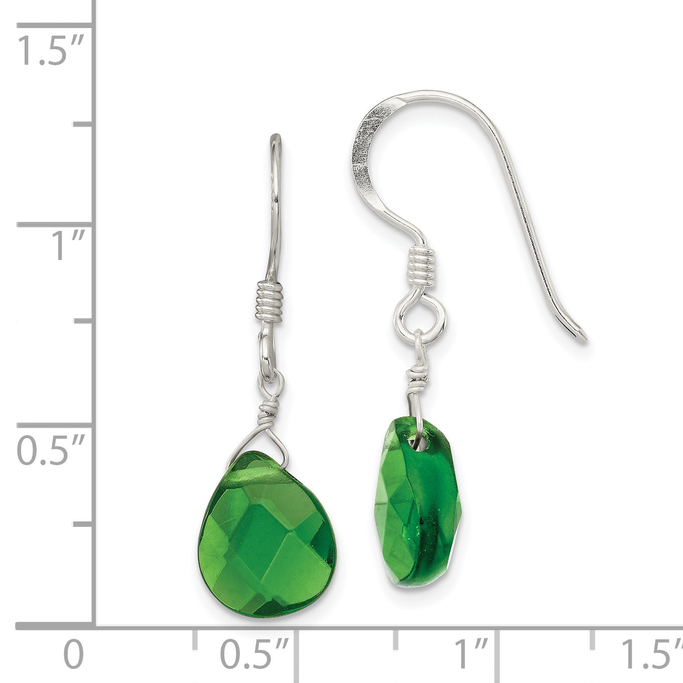 Sterling Silver Polished Dark Green Crystal Teardrop Dangle Earrings