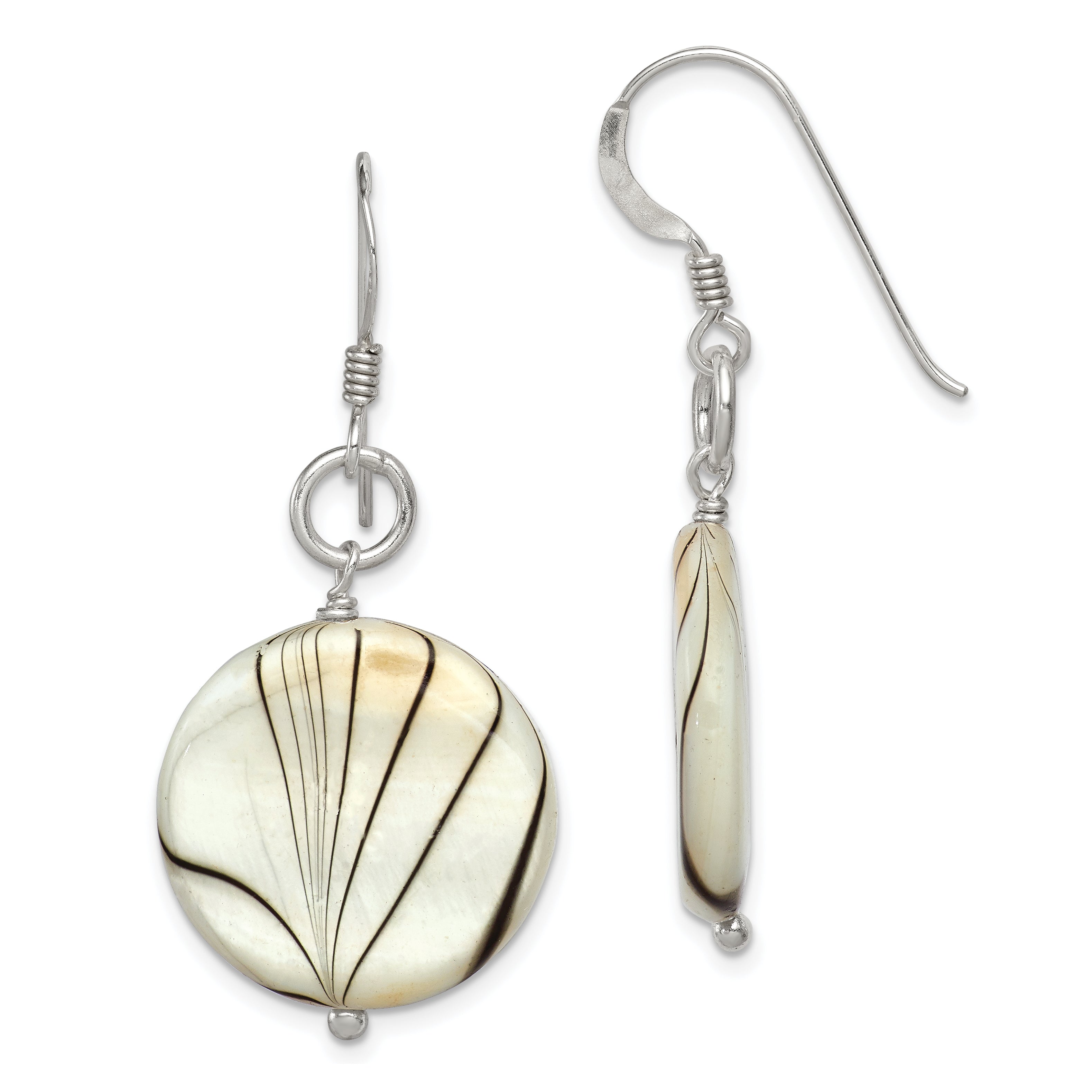 Sterling Silver Polished Zebra Mother of Pearl Disc Dangle Earrings