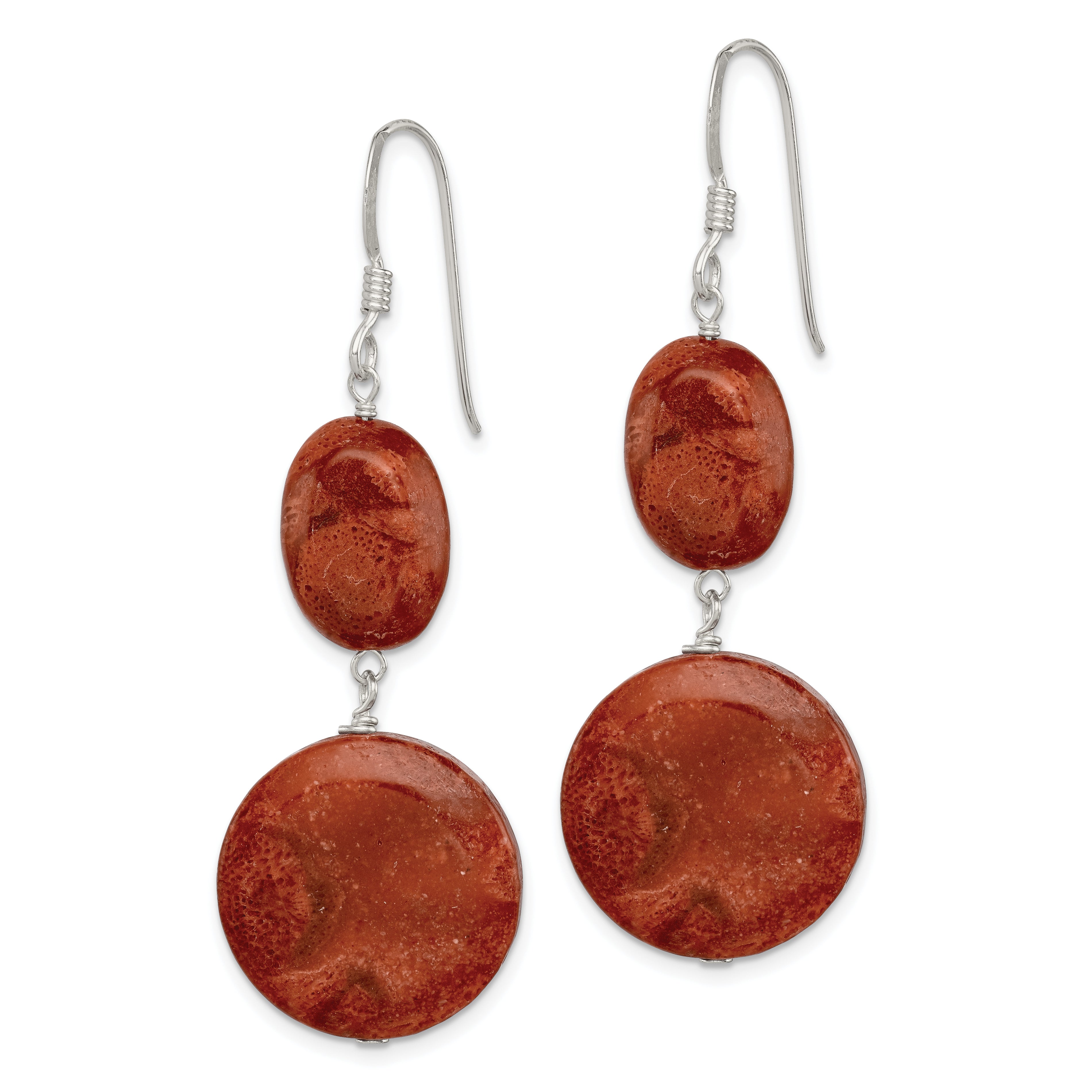 Sterling Silver Polished Round & Oval Recon. Red Coral Dangle Earrings