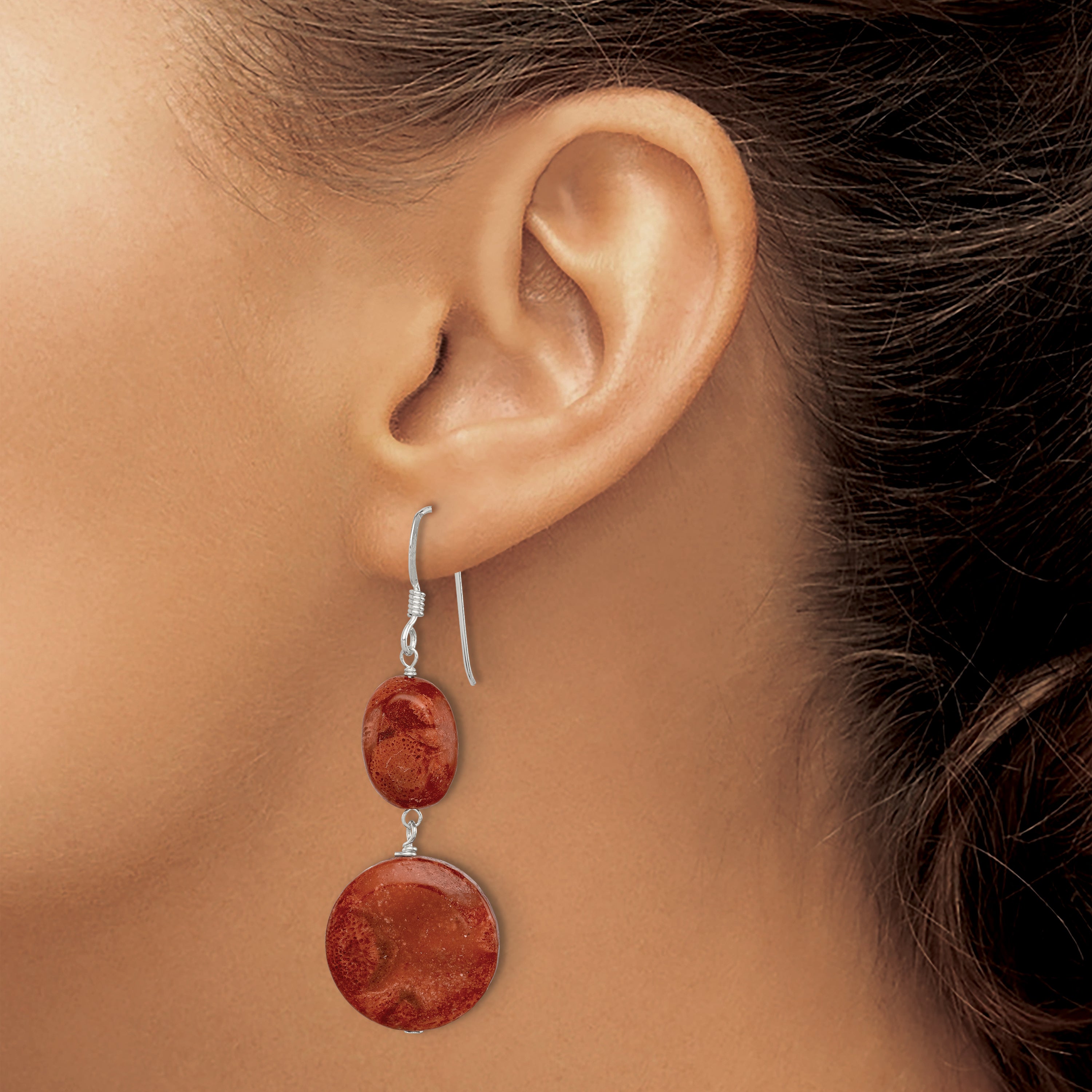 Sterling Silver Polished Round & Oval Recon. Red Coral Dangle Earrings