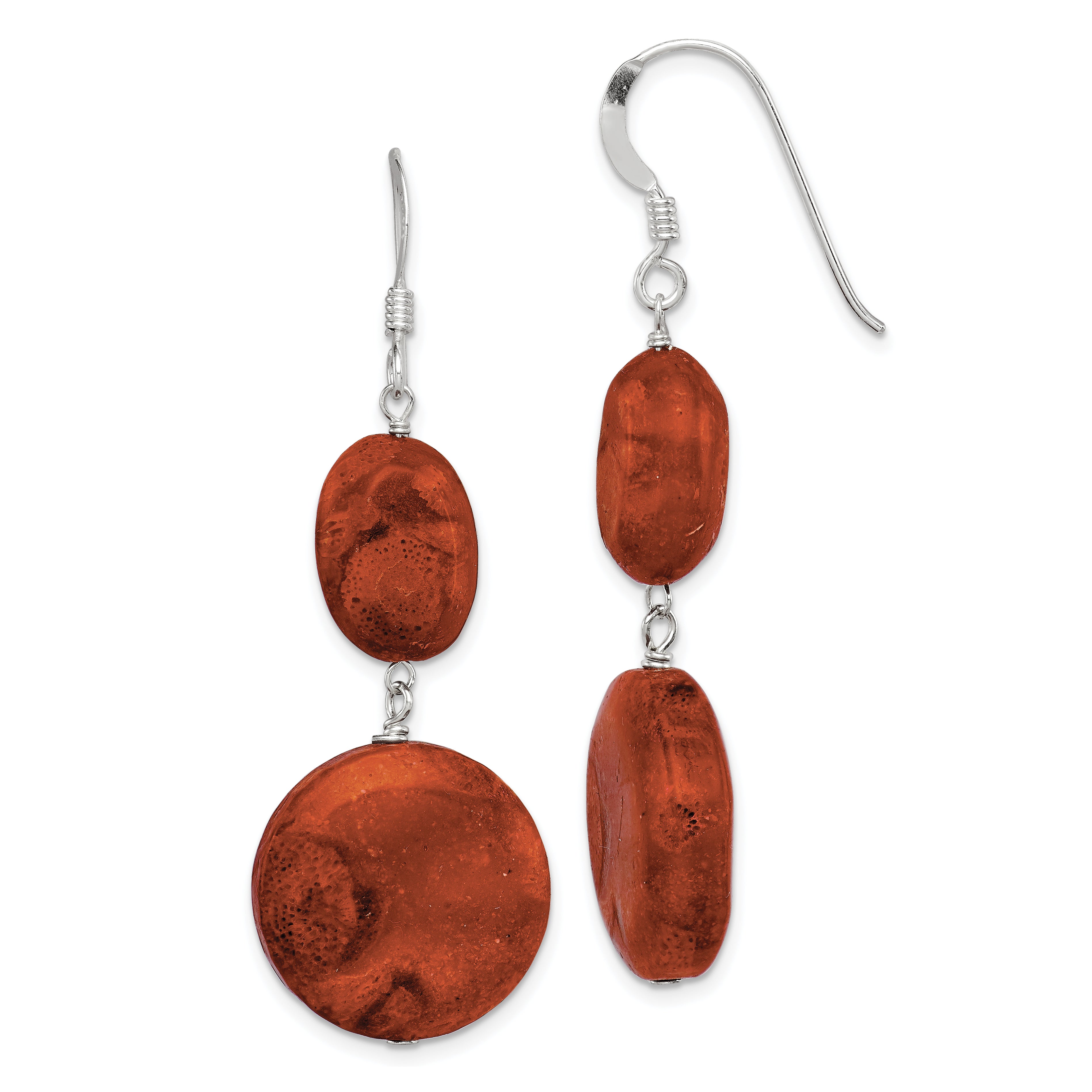 Sterling Silver Polished Round & Oval Recon. Red Coral Dangle Earrings