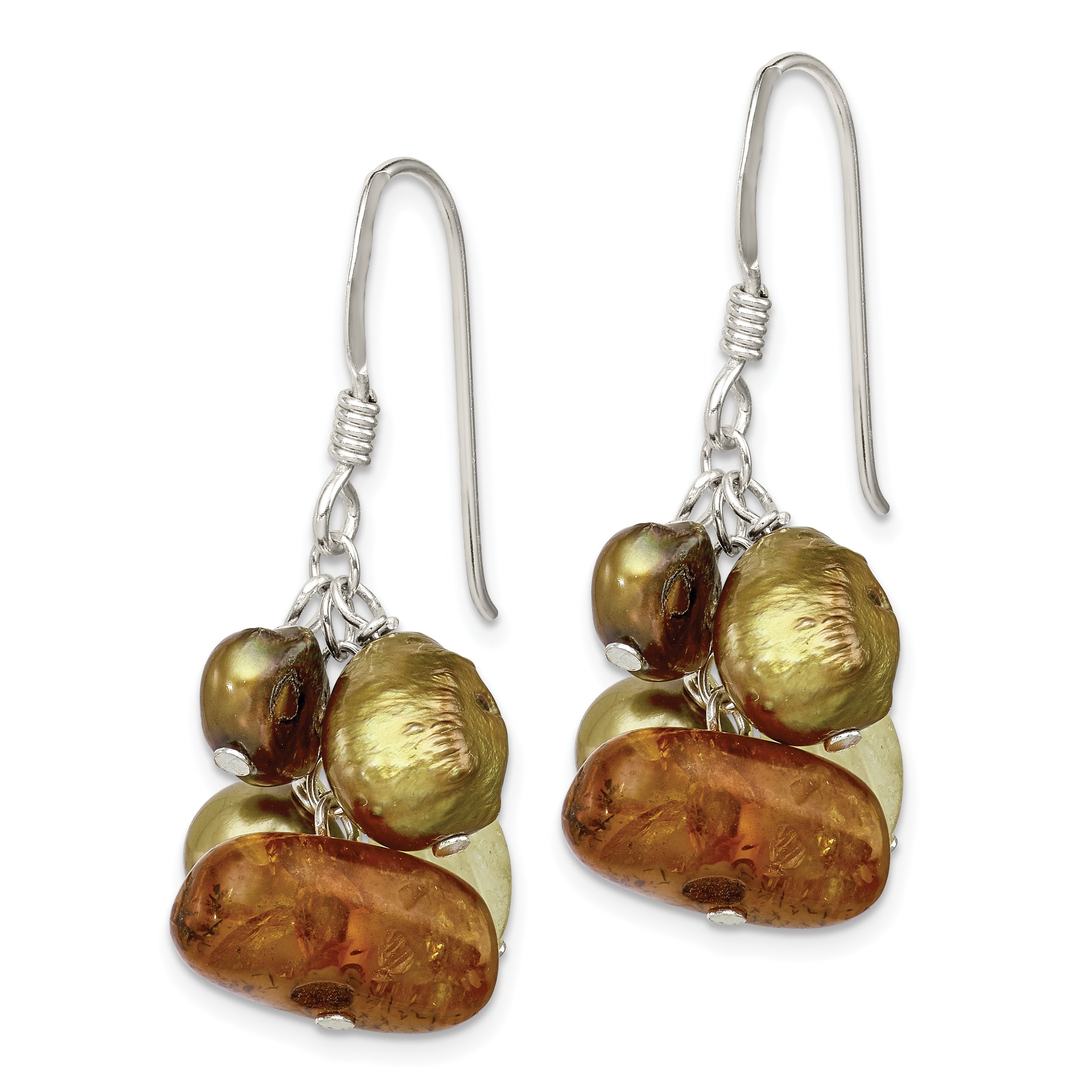 Sterling Silver Polished Amber, Citrine & FW Cultured Pearl Dangle Earrings