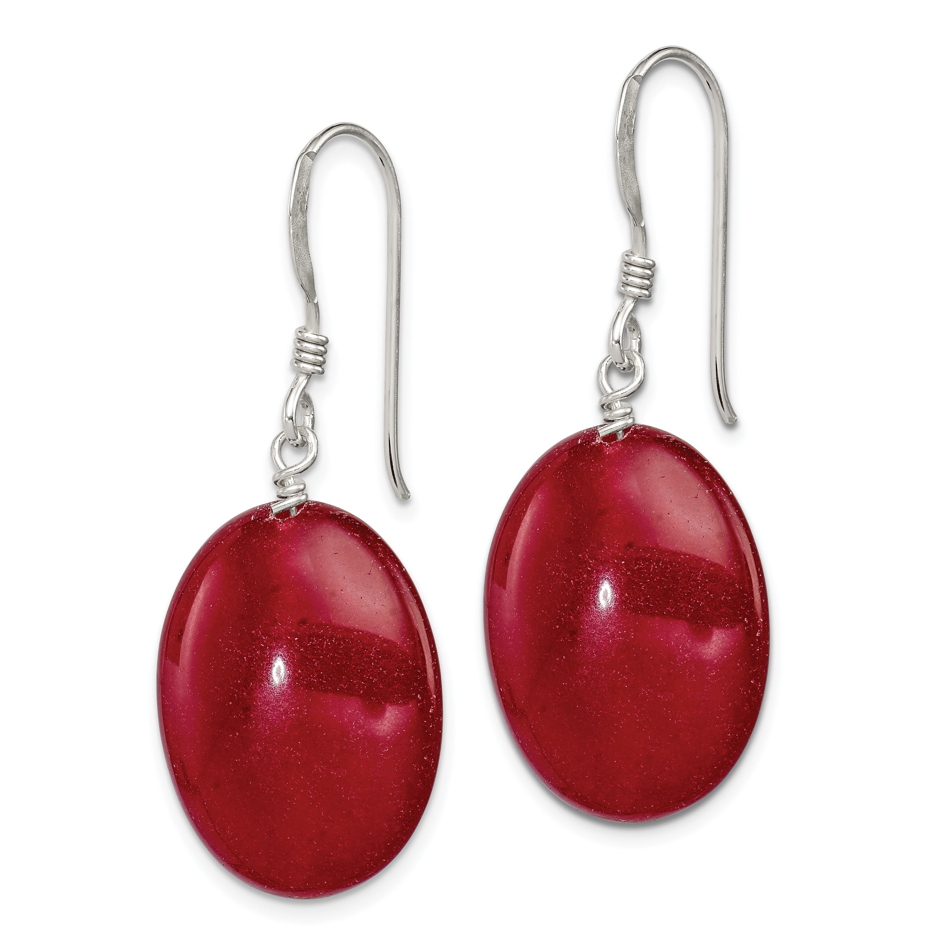 Sterling Silver Polished Red Jade Oval Dangle Earrings