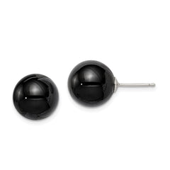 Sterling Silver Rhod-pltd 12-12.5mm Black Agate Ball Post Earrings