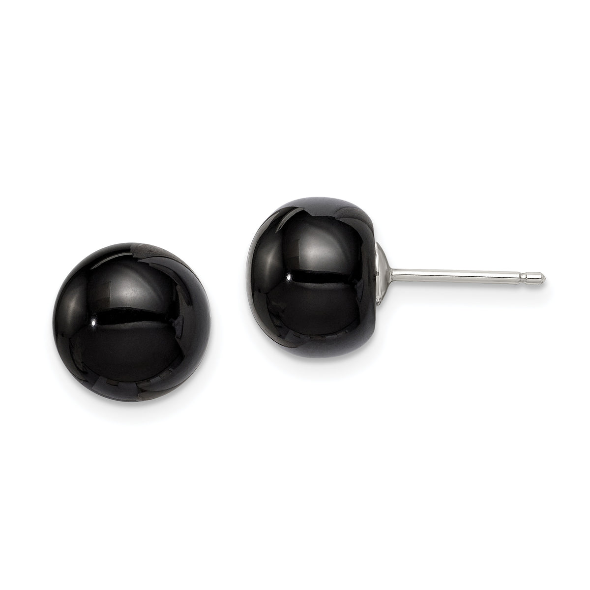 Sterling Silver Rhod-pltd 10-10.5mm Black Agate Button Post Earrings