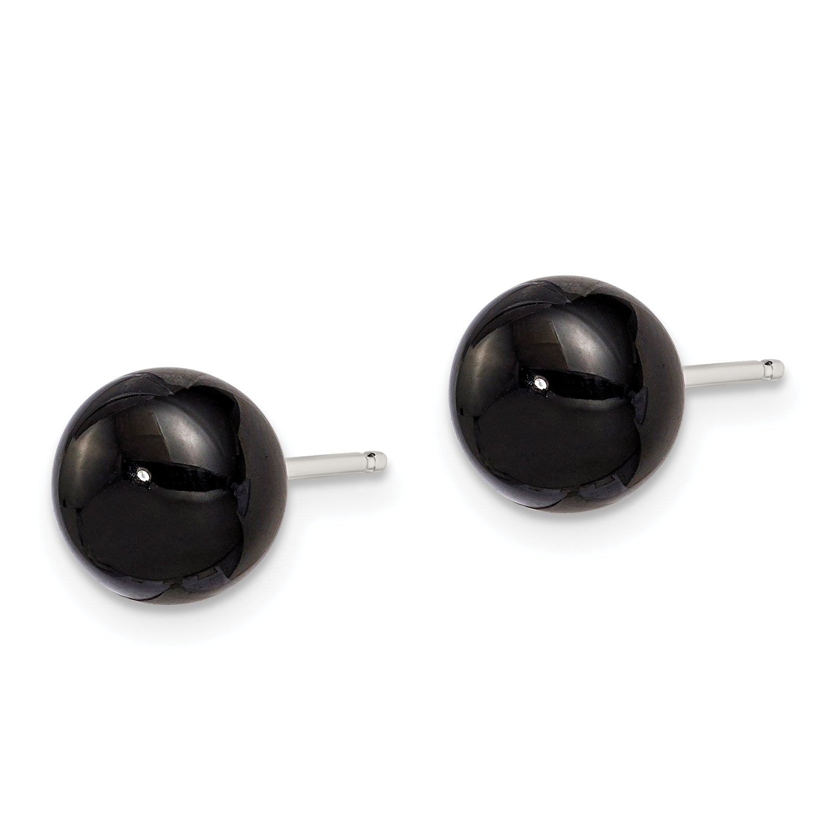 Sterling Silver Rhod-pltd 8-8.5mm Black Agate Button Post Earrings