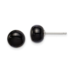 Sterling Silver Rhod-pltd 8-8.5mm Black Agate Button Post Earrings