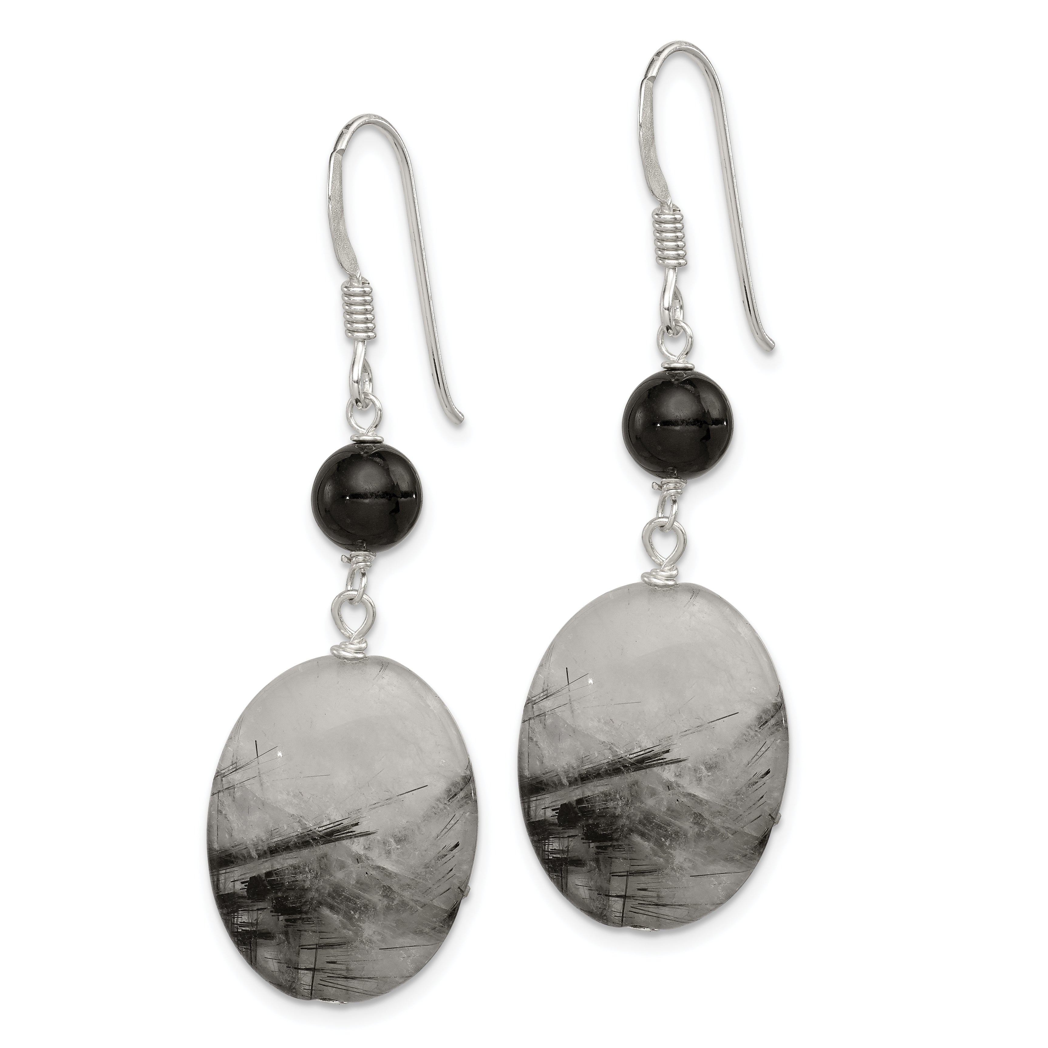 Sterling Silver Polished Black Crystal & Tourmalinated Quartz Oval Dangle Earrings