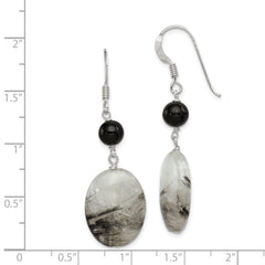 Sterling Silver Polished Black Crystal & Tourmalinated Quartz Oval Dangle Earrings