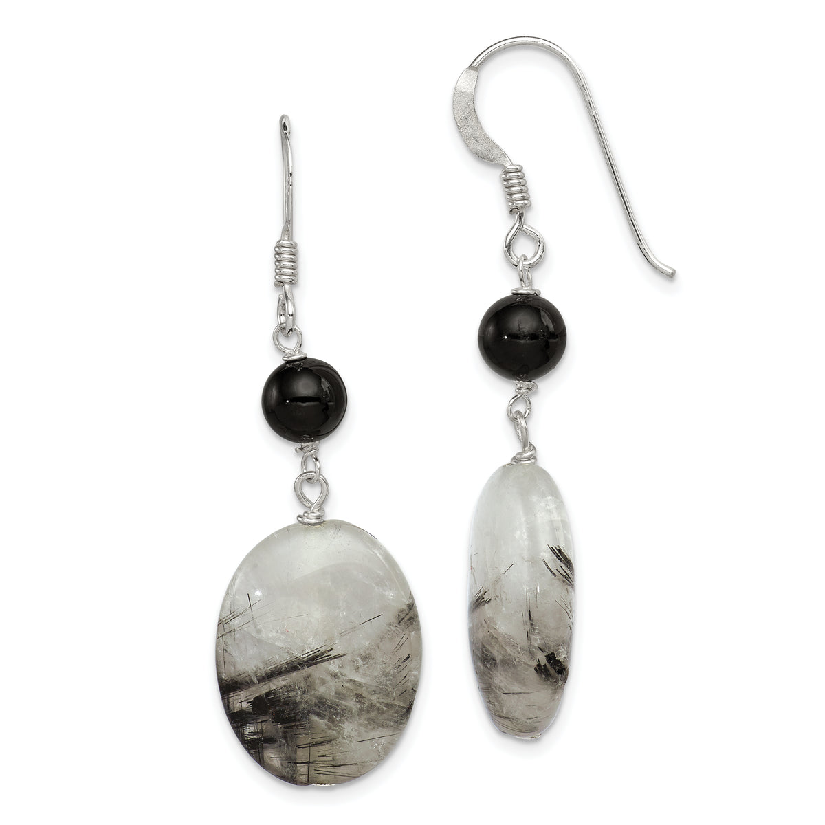 Sterling Silver Polished Black Crystal & Tourmalinated Quartz Oval Dangle Earrings