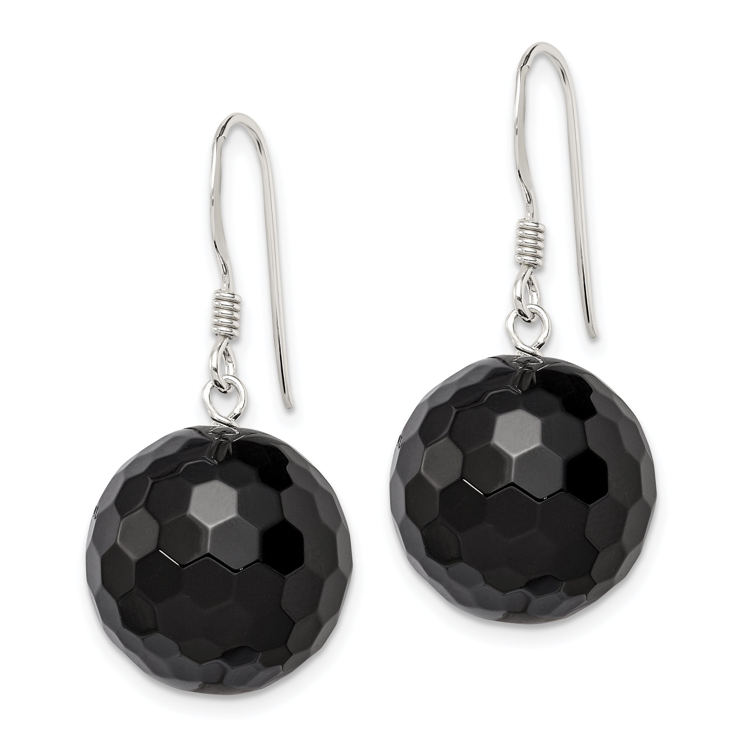 Sterling Silver Polished 17mm Faceted Onyx Bead Dangle Earrings