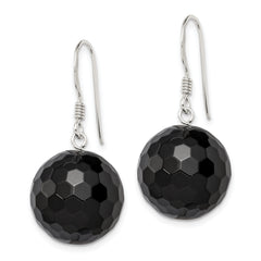 Sterling Silver Polished 17mm Faceted Onyx Bead Dangle Earrings