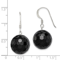 Sterling Silver Polished 17mm Faceted Onyx Bead Dangle Earrings