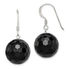 Sterling Silver Polished 17mm Faceted Onyx Bead Dangle Earrings