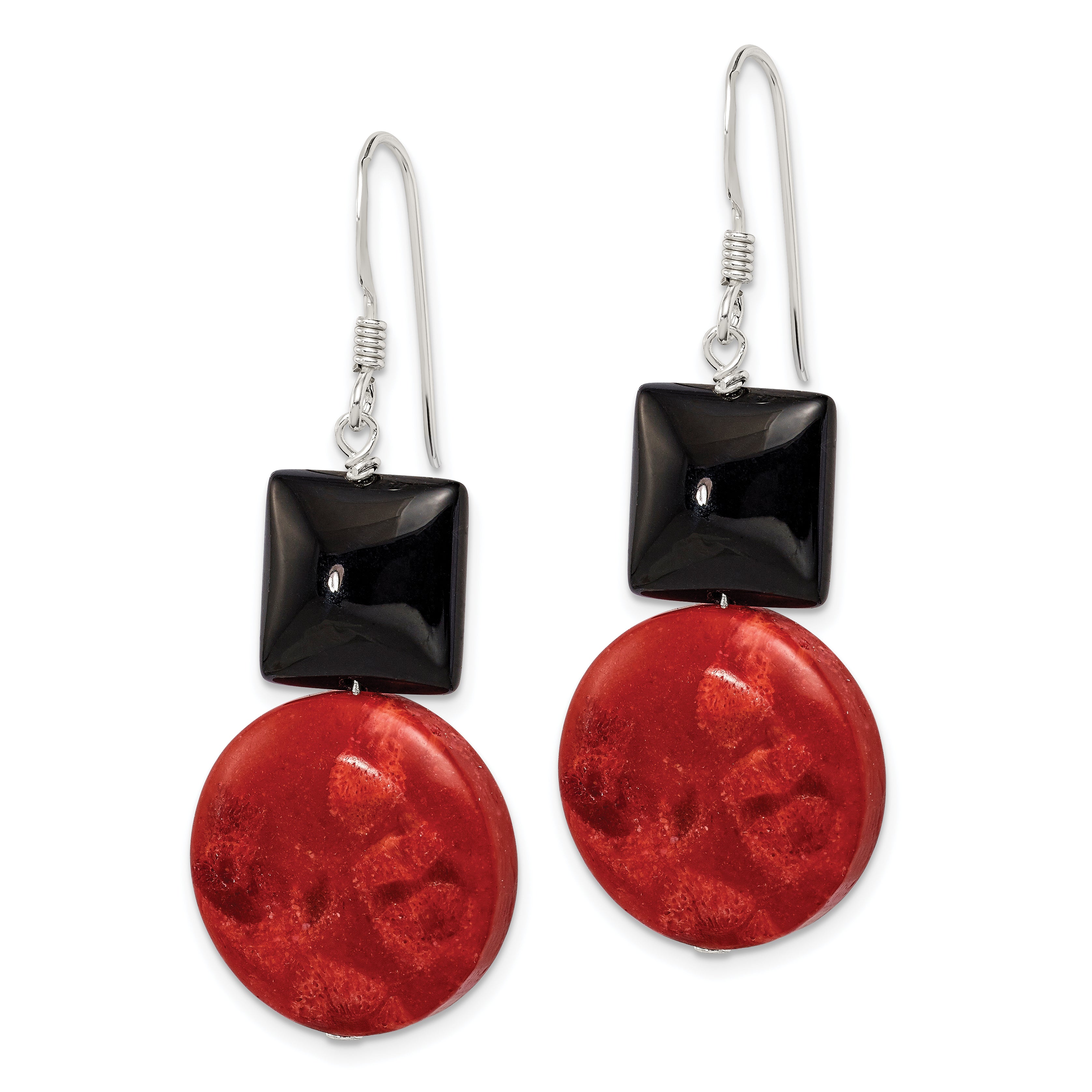 Sterling Silver Polished Black Agate & Recon. Red Coral Dangle Earrings