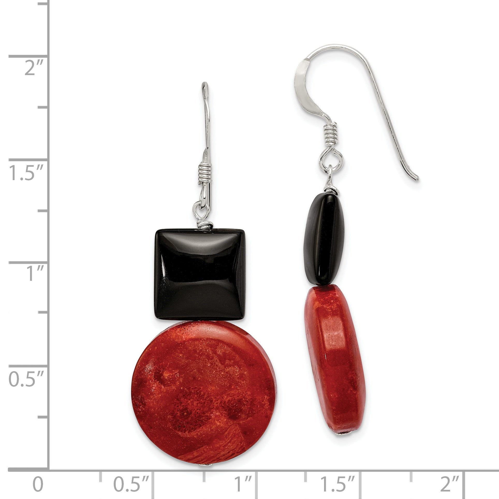 Sterling Silver Polished Black Agate & Recon. Red Coral Dangle Earrings