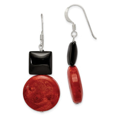 Sterling Silver Polished Black Agate & Recon. Red Coral Dangle Earrings