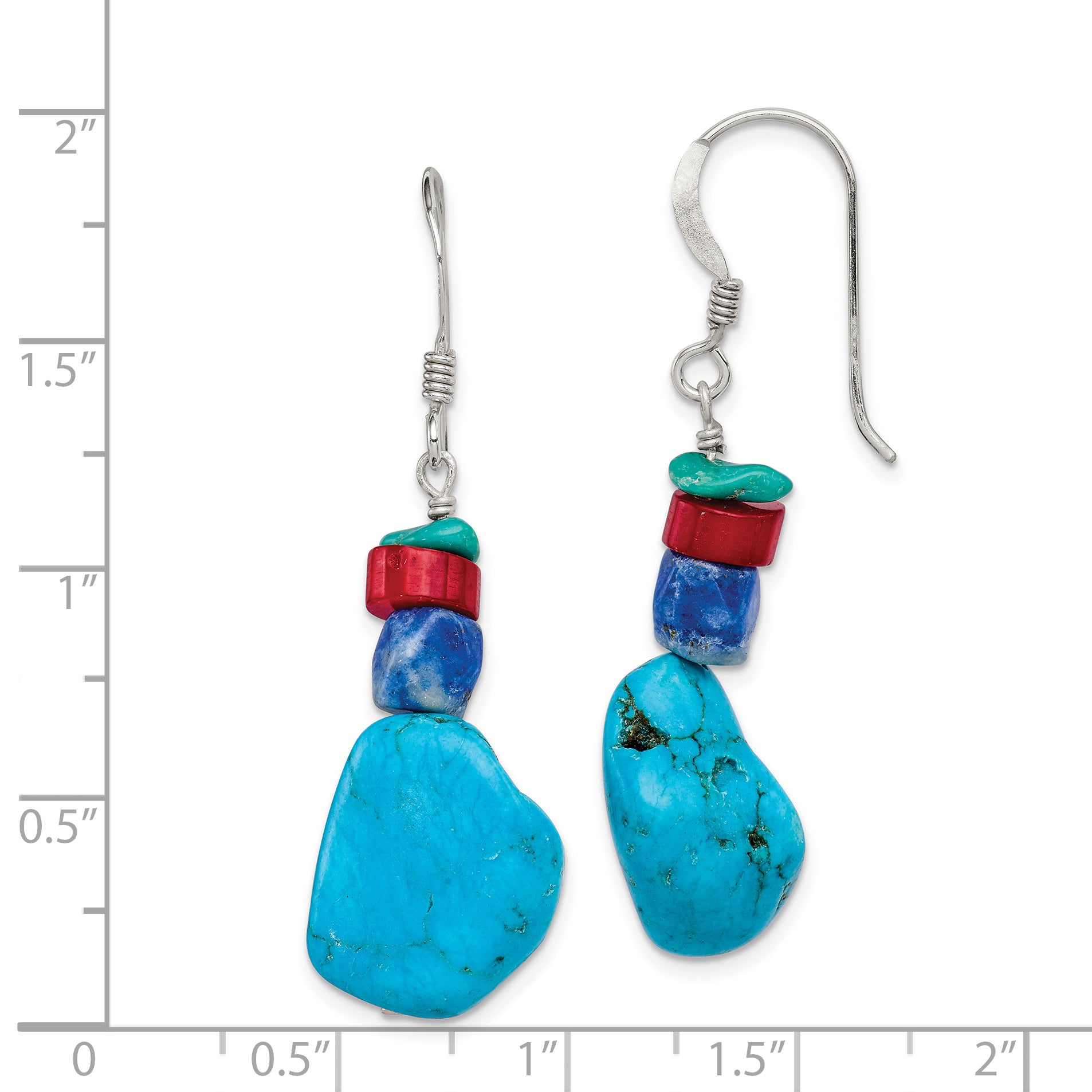 Sterling Silver Red Coral/Howlite/Lapis/Turquoise Dangle Earrings