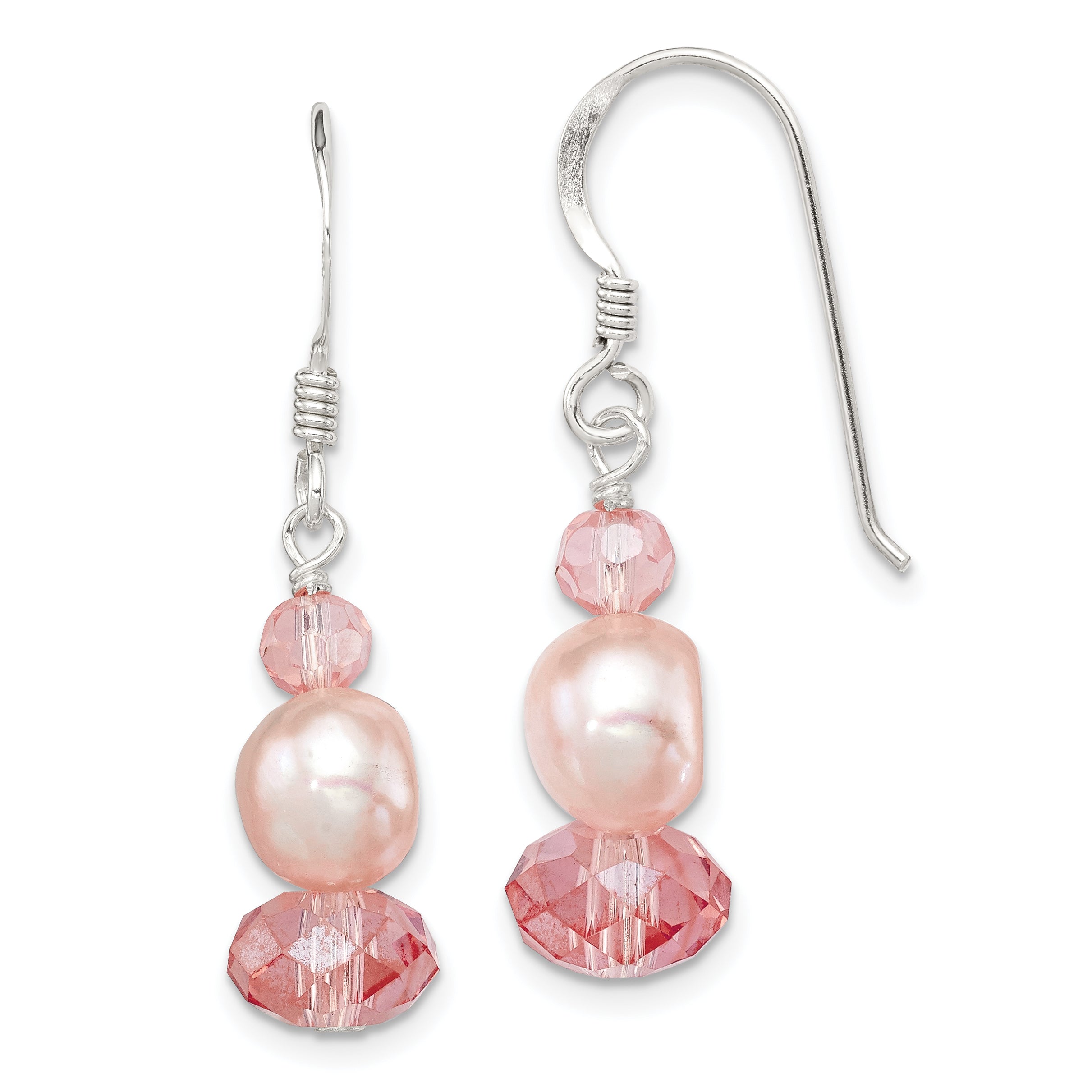 Sterling Silver Polished Peach Crystal & Pink FWC Pearl Dangle Earrings