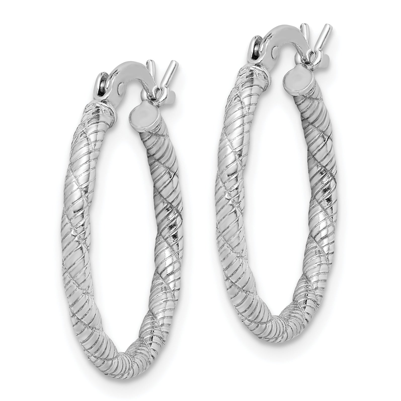 Sterling Silver Rhodium-plated Patterned Twist 2x20mm Hoop Earrings