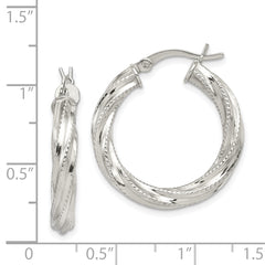 Sterling Silver Rhod-plated Patterned Twisted 4x25mm Hoop Earrings