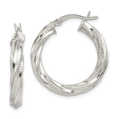 Sterling Silver Rhod-plated Patterned Twisted 4x25mm Hoop Earrings