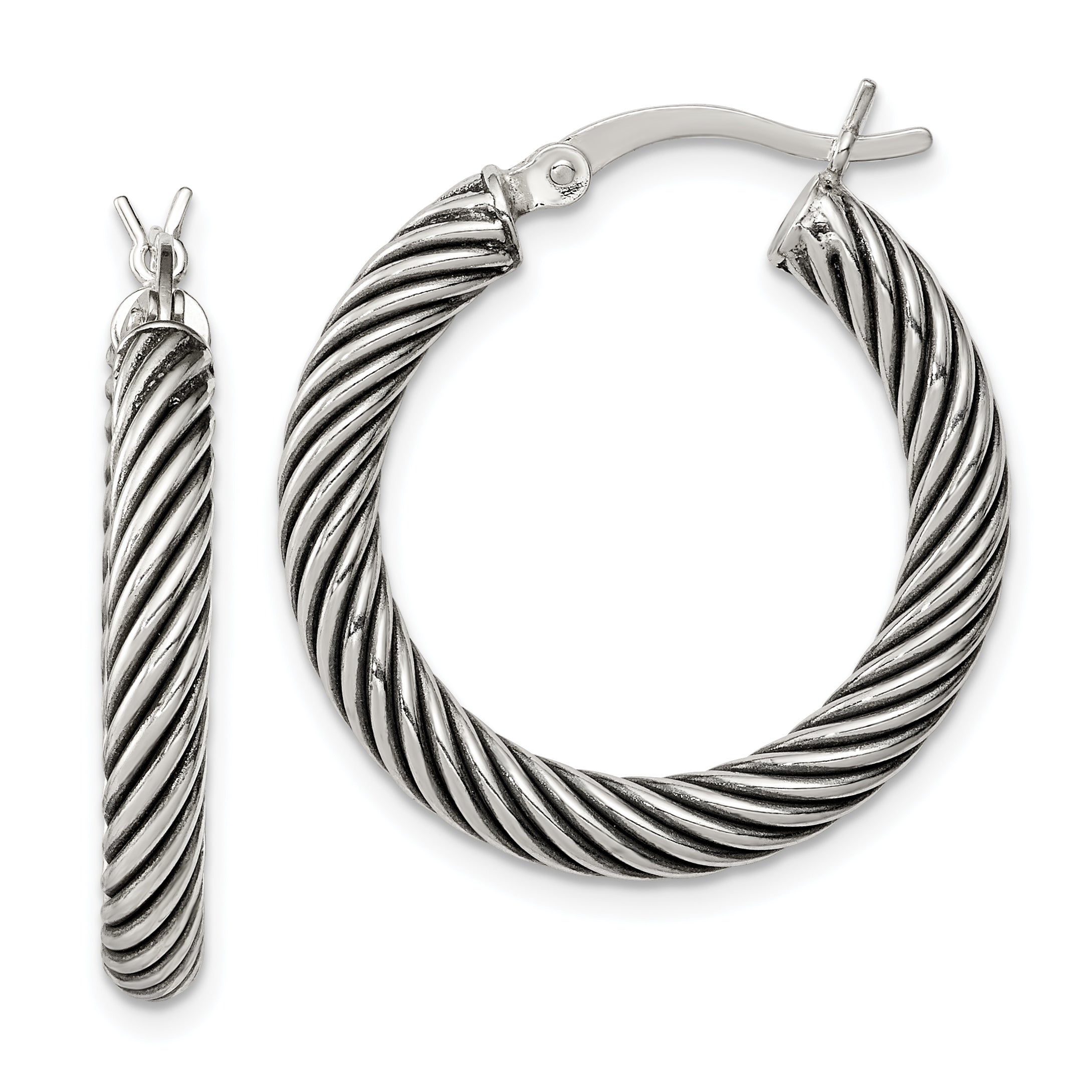 Sterling Silver Antiqued 3.25x25mm Twisted Hoop Earrings