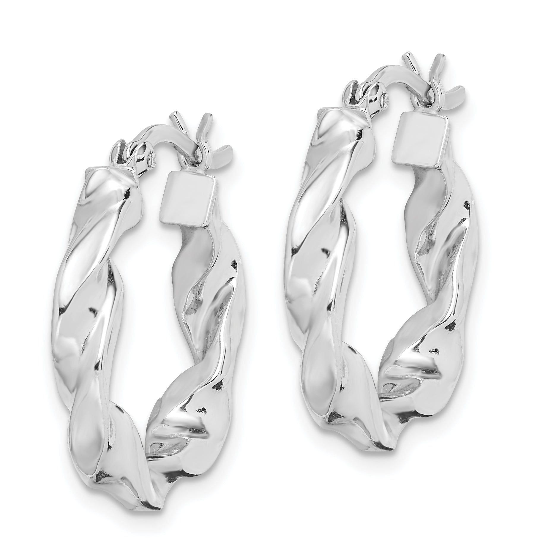 Sterling Silver Rhodium Plated Twisted 3.5x20mm Hoop Earrings